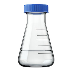 Laboratory flask with blue cap, filled with clear liquid, isolated on white background.