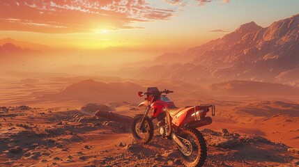 Obraz premium A Motocross motorcycle parked in the desert at sunset.