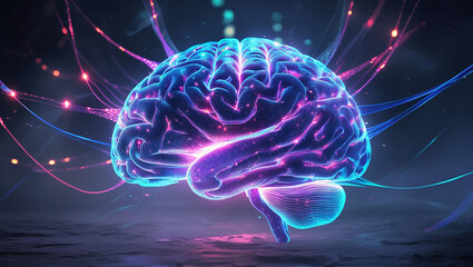 Fototapeta premium Glowing brain with neural connections and purple and blue hues on a dark reflective surface