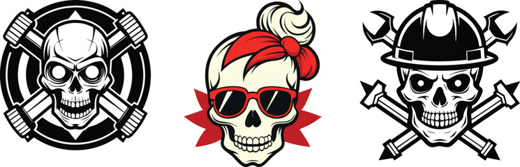 Skull Vector Icons &ndash; Retro Girl, Builder, and Mechanic Skeleton Art Designs