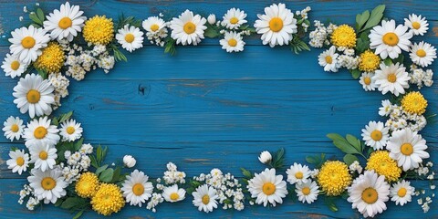 Obraz premium Bright daisies and yellow flowers arranged against blue wooden texture