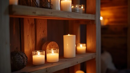 Warm candlelit shelves with various wax candles creating cozy ambiance