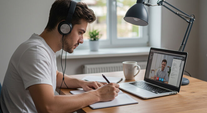 A focused young man actively participates in an online class, intently taking notes while wearing headphones, illuminated by soft desk lamplight in a home office.