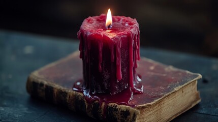 Mysterious red dripping candle on aged book in dim light