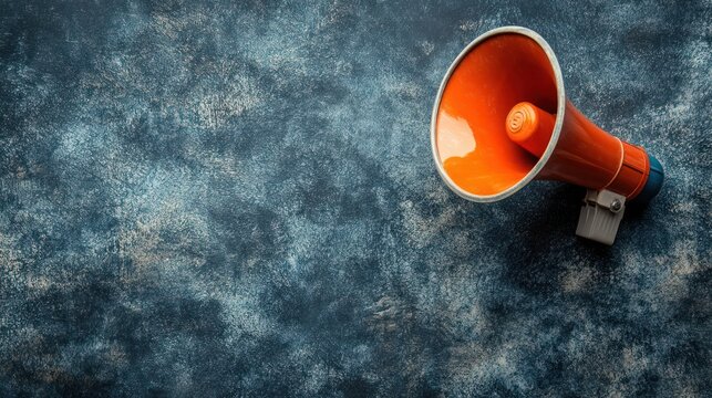 Orange megaphone on dark textured background; announcement concept