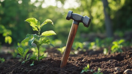 Hammer and seedling in sunlit garden