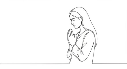 One line drawing of a praying woman. Religious illustration