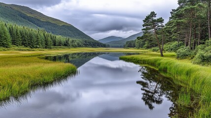 Fototapeta premium A tranquil loch opening into the sea in the Scottish Highlands, surrounded by misty mountains and pine trees