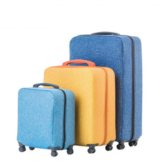 Three stylish luggage suitcases in blue, orange, and yellow, arranged creatively on a white isolated background, perfect for travel-themed designs.