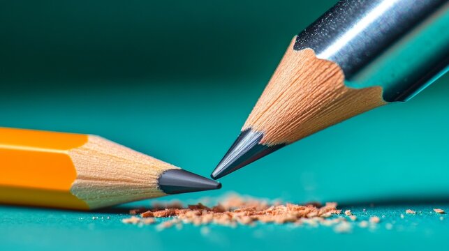 Close-up of two sharp pencils on green background with pencil shavings