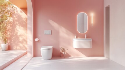 Modern pink bathroom interior, sunlight streaming in, minimalist design, ideal for a magazine or catalog