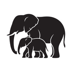 Fototapeta premium Elephant silhouette vector illustration with adult and baby elephants in a wildlife design