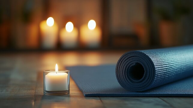Relaxing yoga setup with candlelight and rolled blue yoga mat on wooden floor