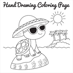 A fun hand-drawn illustration of a turtle wearing sunglasses, surrounded by seashells, sand, and a sunny sky. Perfect for a children's coloring page, featuring a playful beach scene.