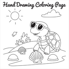 A hand-drawn illustration of a smiling turtle wearing sunglasses and a wide-brimmed hat, sitting on a rock in the water with a sunny sky and palm trees in the background. Perfect for a children’s colo