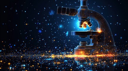 Microscopic research, glowing particles background, scientific discovery, medical illustration