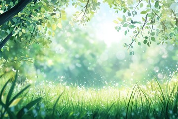 A beautiful green sunlit meadow with trees and flowers