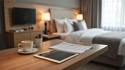 Naklejka premium A cozy hotel room with a workspace featuring a tablet, documents, and a cup of coffee.