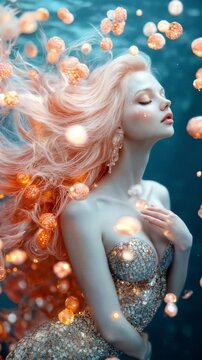 Surreal mermaid with pink hair surrounded by magical glowing orbs in a dreamy underwater atmosphere. The image evokes a sense of fantasy and magic.