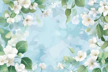 Watercolor painting featuring delicate white flowers and green leaves