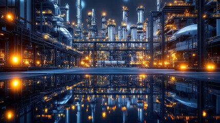 Night Reflection of an Oil Refinery: Industrial Majesty