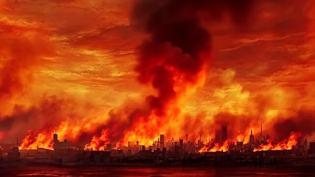 Inferno: City Ablaze in Fiery Doom - Apocalyptic Urban Destruction with Raging Fires and Ominous Smoke