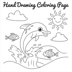 A smiling dolphin jumping through the ocean with smaller fish swimming nearby, under a sunny sky with a smiling sun and clouds.