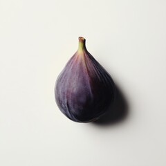 A single fig in close-up, isolated on a white background. Featuring smooth purple skin and soft flesh