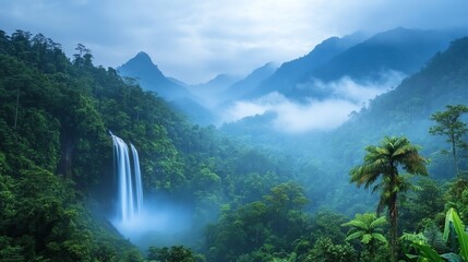 Fototapeta premium Tropical rainforest landscape with dense foliage, cascading waterfall, and misty mountains in the distance