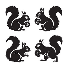  Set of black squirrel silhouettes in various poses holding acorns – minimal vector illustration of woodland animals for nature, wildlife, forest, or fall design concepts