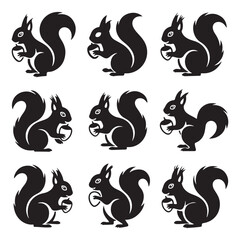 Naklejka premium Set of black squirrel silhouettes in various poses holding acorns – minimal vector illustration of woodland animals for nature, wildlife, forest, or fall design concepts
