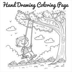 A joyful child swinging on a swing set under a tree, with a big smile on their face, in a sunny outdoor environment. A cheerful and playful coloring page for kids.
