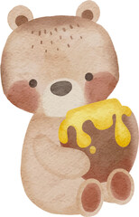 Cartoon Vector of Cute Bear Holding Honey Jar