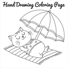Fototapeta premium A hand-drawn illustration of a cute cat lounging on a striped towel under a sun umbrella, enjoying a nap