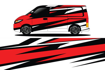 Obraz premium Vibrant red and black van design showcasing dynamic graphics and sleek lines on a white background