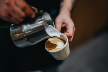Close-up view of a barista skillfully pouring steamed milk to create latte art in a freshly brewed coffee cup, showcasing high-quality preparation and expertise in crafting premium beverages.
