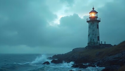 Old lighthouse by the sea, featuring a beautiful landscape, photorealistic digital art with high detail, lots of details, dynamics, and a realistic style, with high quality decoration.