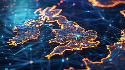 Futuristic map of great britain showcasing a glowing digital network of interconnected technology