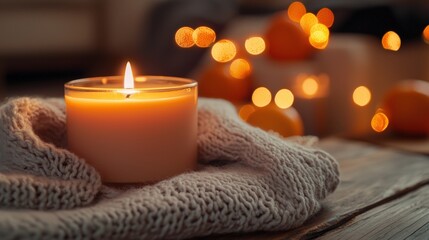 a cozy home interior with a burning candle and oranges 