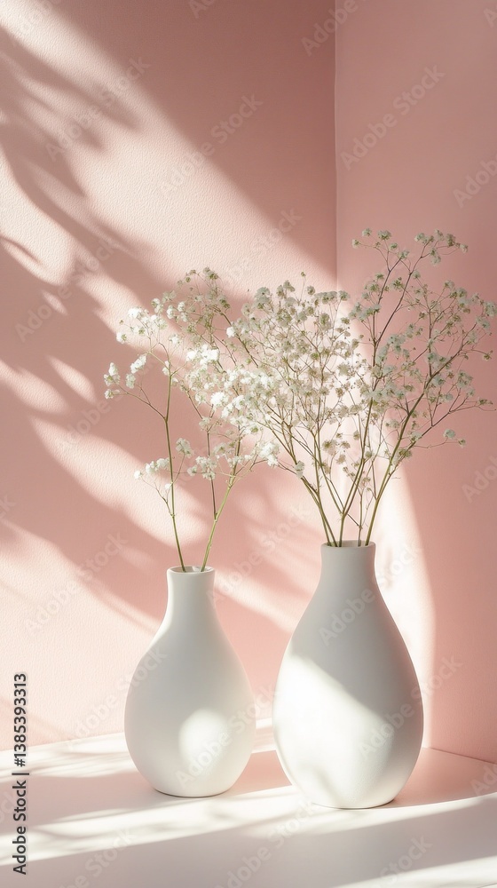Poster sunlight gently filters through, casting playful shadows on two elegant white vases filled with deli