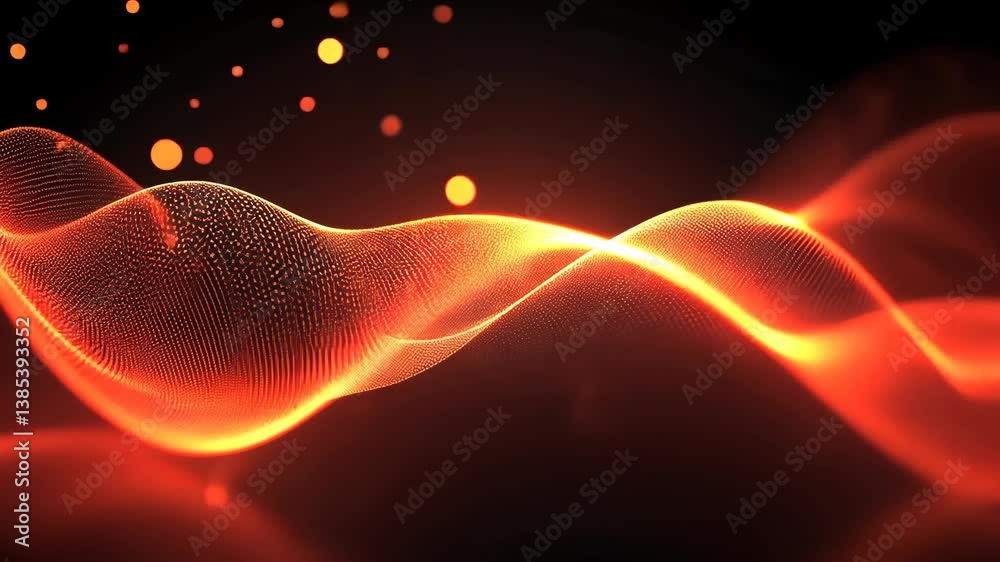 Poster fiery waves: abstract glowing pattern with particle stream and hot red gradient illumination