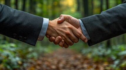 Business handshake in autumn forest.  Possible use Stock photo for business, agreement, partnership, nature, outdoors