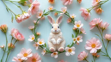 Bunny silhouette outlined with petals, Spring pastel theme in clean layout, Soft shadows and natural lighting, Elegant flat lay with Easter feeling