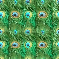 Peacock Feathers Pattern Detailed, Vibrant, Green. Close-up. Background Repeating design tile pattern
