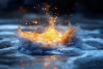 Creative and abstract shot of a water splash illuminated with fiery colors during a calm evening outdoors