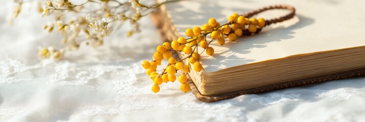 Ethereal Holy Thursday Minimalism Vintage Rosary and Golden Mimosa - Spiritual Wellness Styling for Contemplative Seasonal Ritual