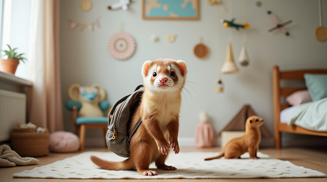 baby cinnamon ferret ready to travel with a backpack.
