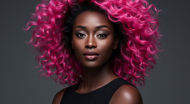 A confident woman with vibrant pink curls, a bold statement of self-expression against a dark, moody backdrop.