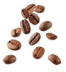Obraz premium Flying coffee beans isolated on transparent background