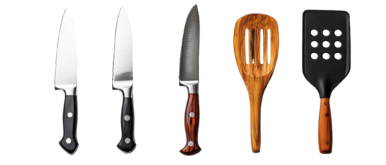 A collection of kitchen knives and utensils arranged neatly on a white background, showcasing culinary tools